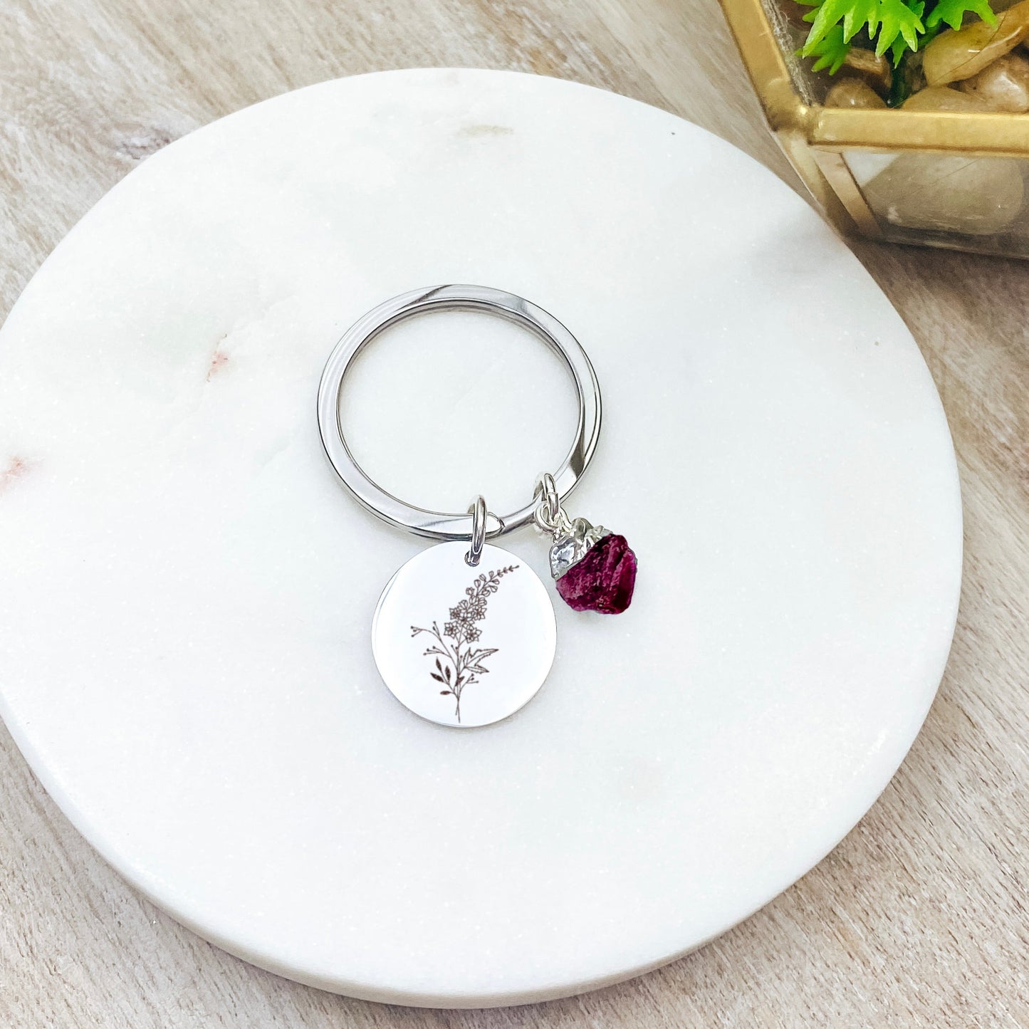 BIRTH FLOWER + RAW BIRTHSTONE KEYCHAIN - Avy + Tay