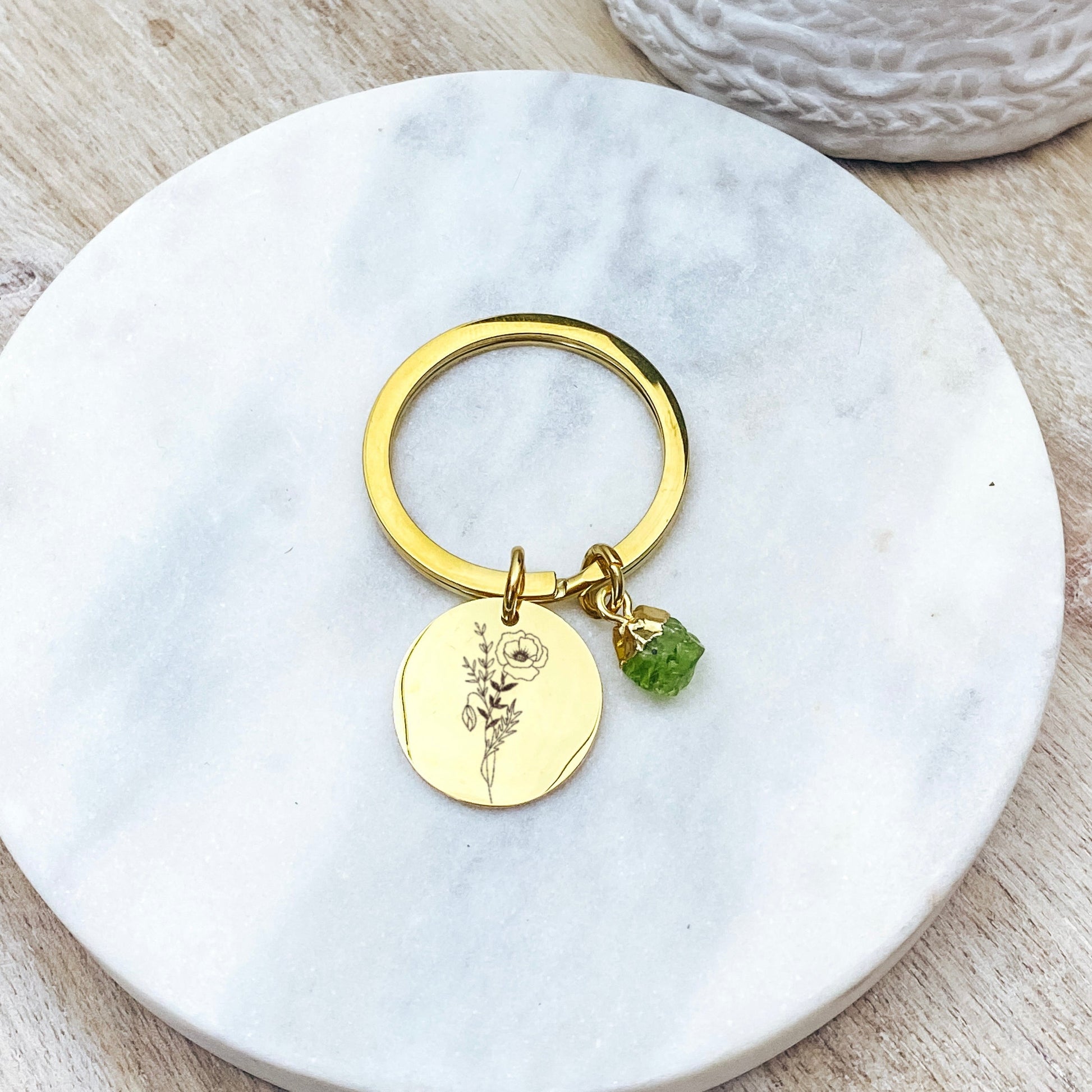 BIRTH FLOWER + RAW BIRTHSTONE KEYCHAIN - Avy + Tay