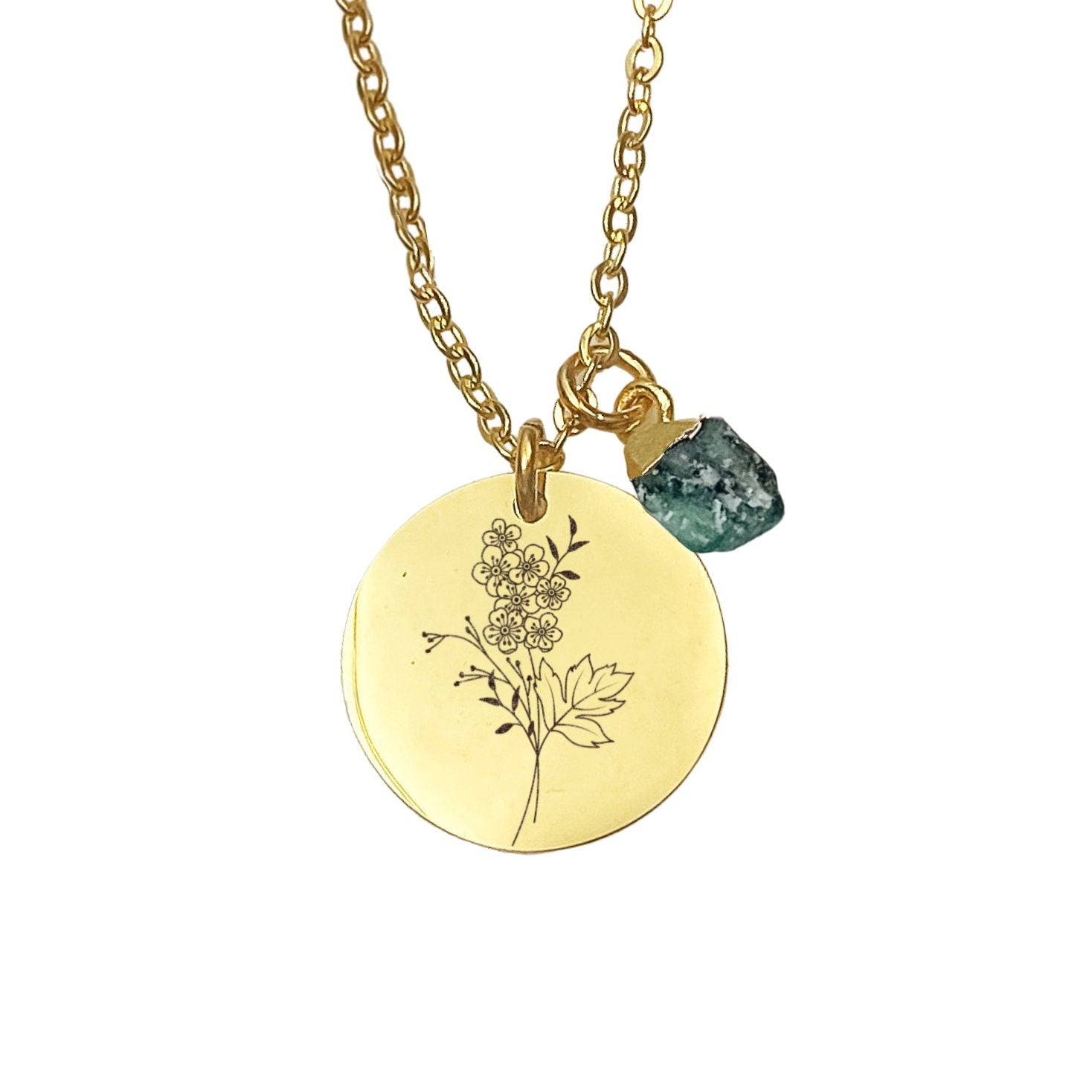 BIRTH FLOWER + RAW BIRTHSTONE NECKLACE - Avy + Tay