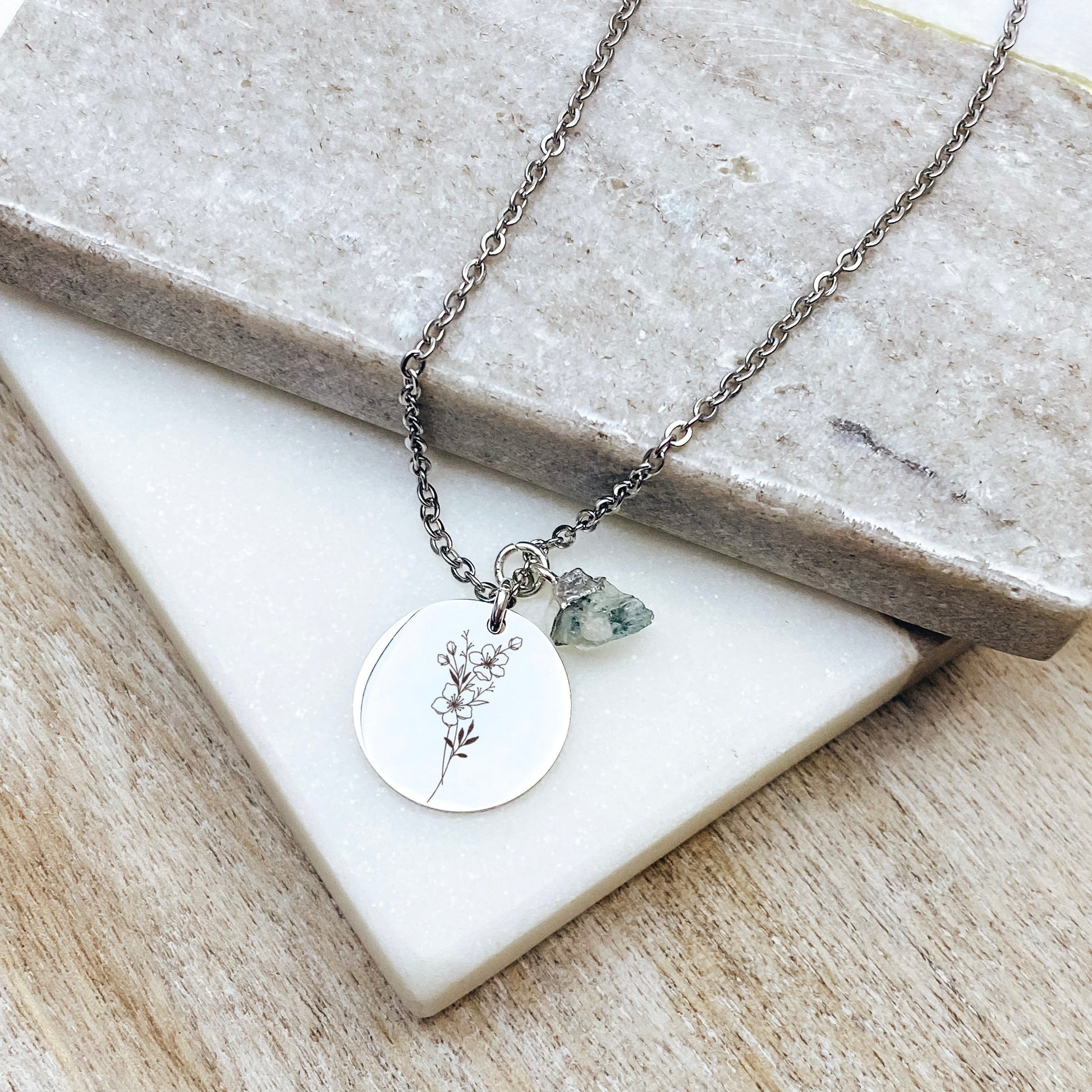 BIRTH FLOWER + RAW BIRTHSTONE NECKLACE - Avy + Tay