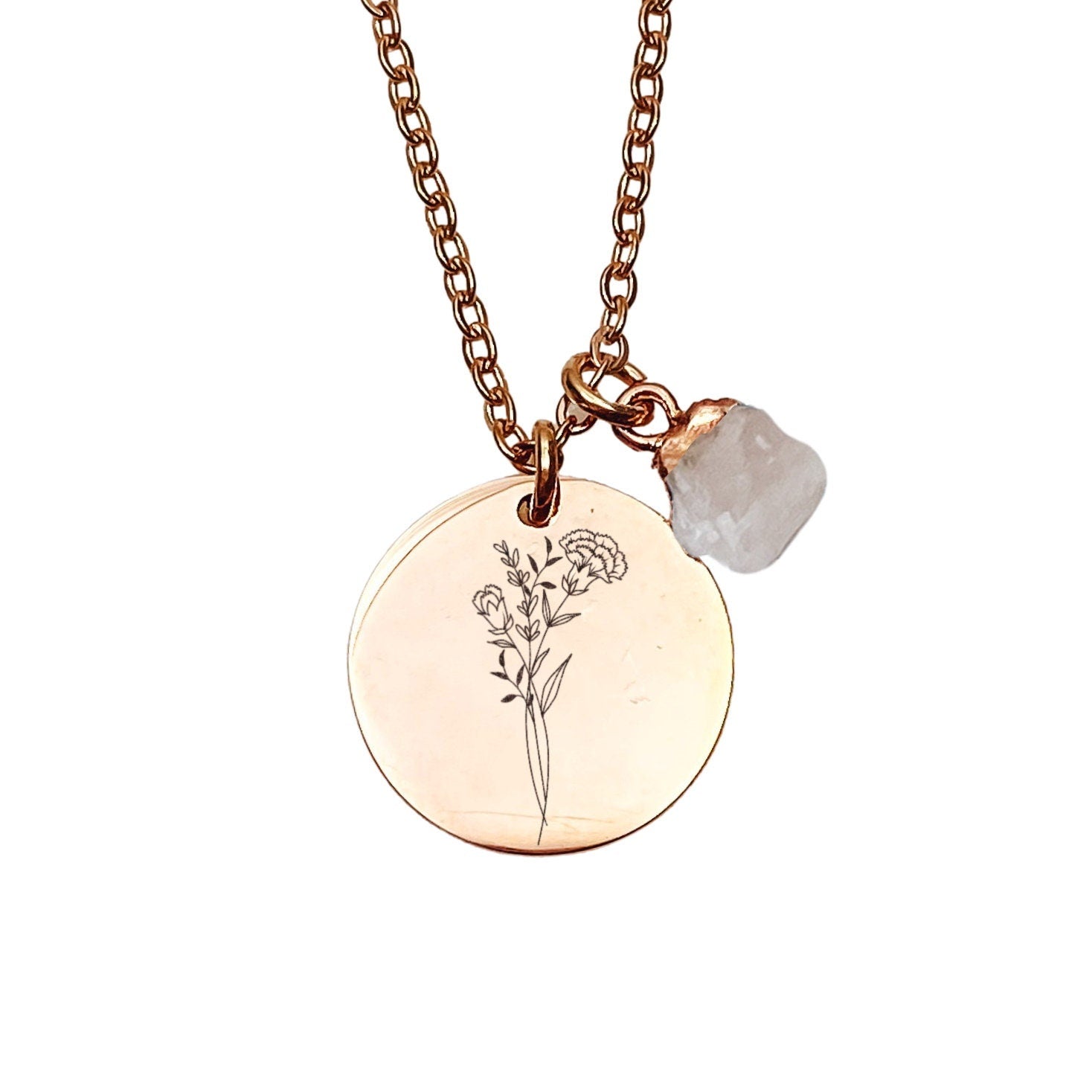 BIRTH FLOWER + RAW BIRTHSTONE NECKLACE - Avy + Tay