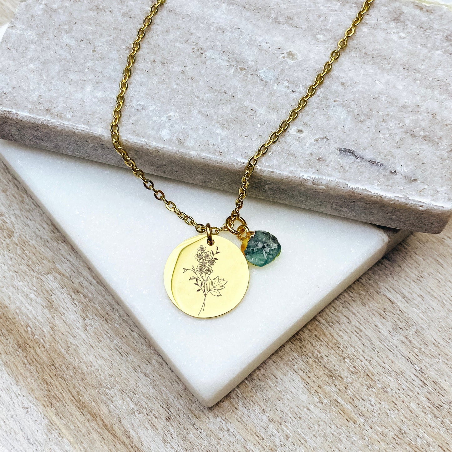 BIRTH FLOWER + RAW BIRTHSTONE NECKLACE - Avy + Tay