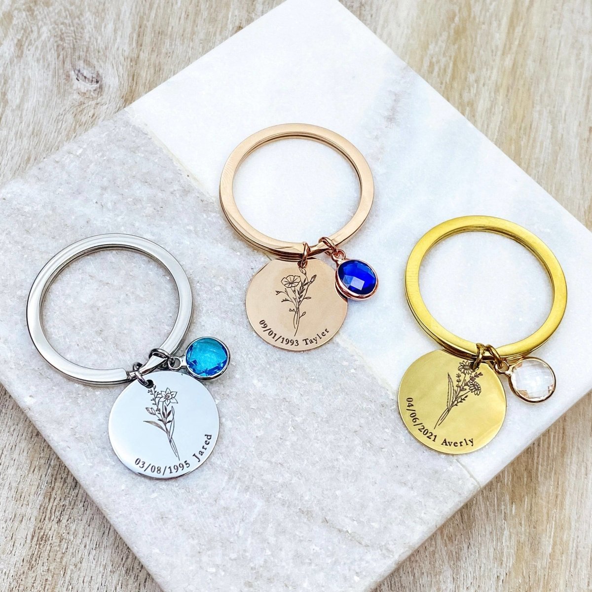 BIRTH FLOWER TEXT BIRTHSTONE KEYCHAIN - Avy + Tay