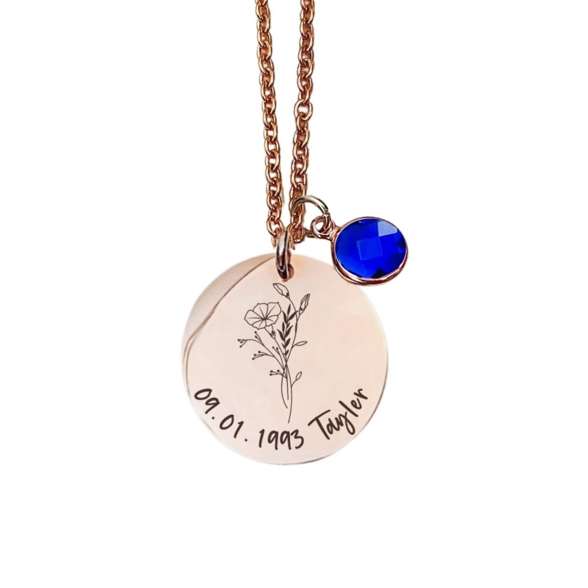 BIRTH FLOWER TEXT BIRTHSTONE NECKLACE - Avy + Tay