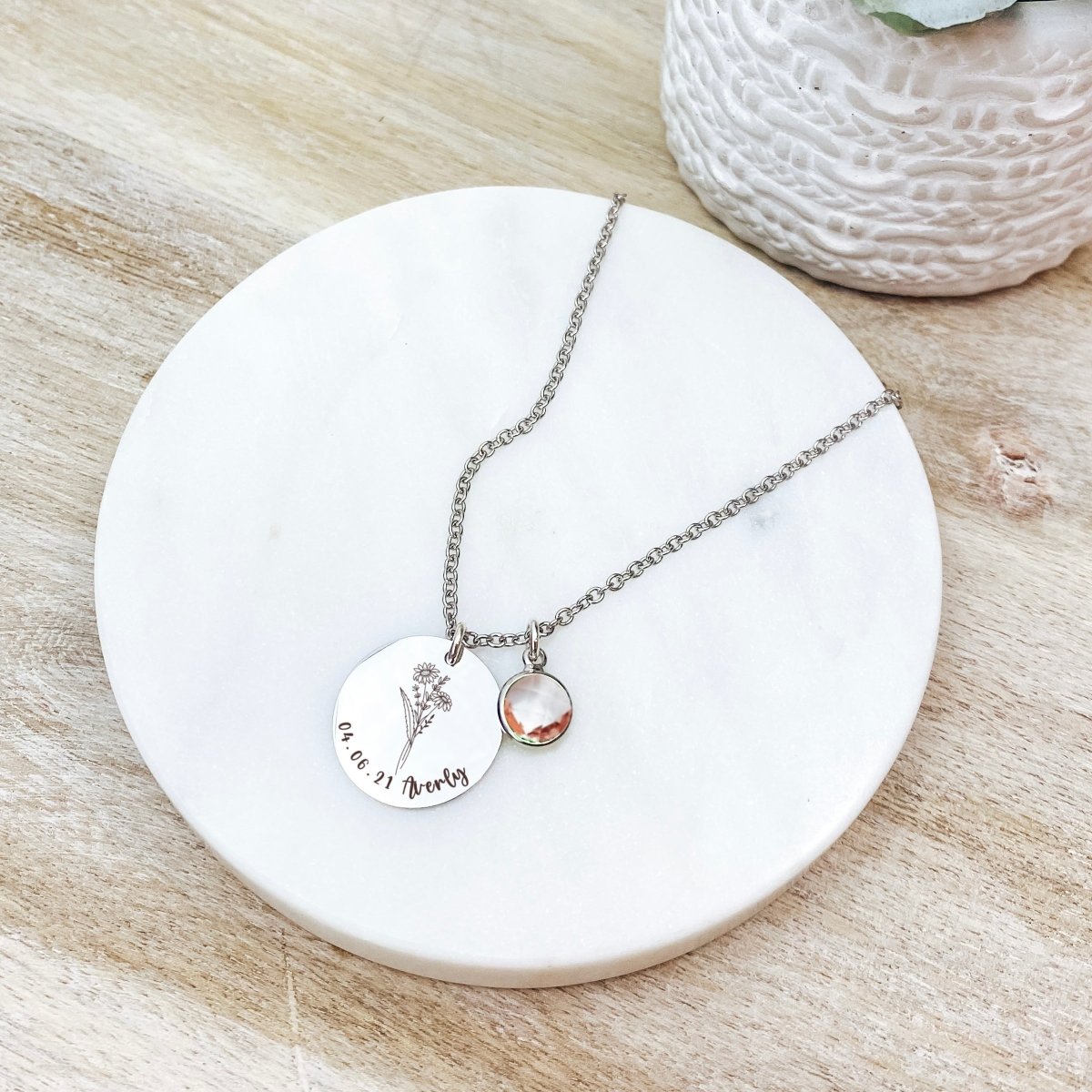 BIRTH FLOWER TEXT BIRTHSTONE NECKLACE - Avy + Tay