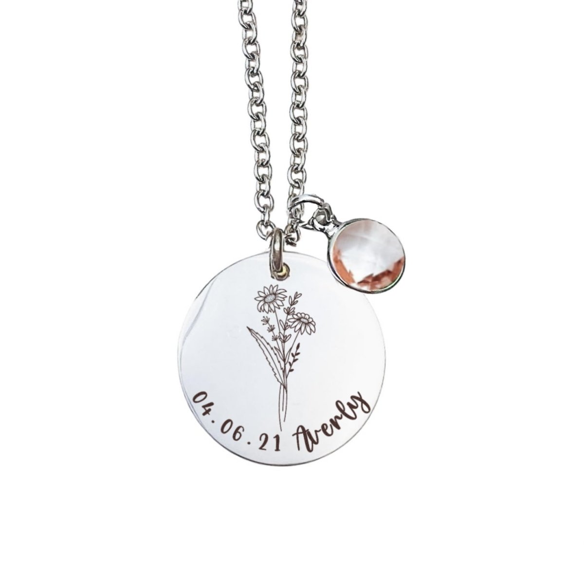 BIRTH FLOWER TEXT BIRTHSTONE NECKLACE - Avy + Tay