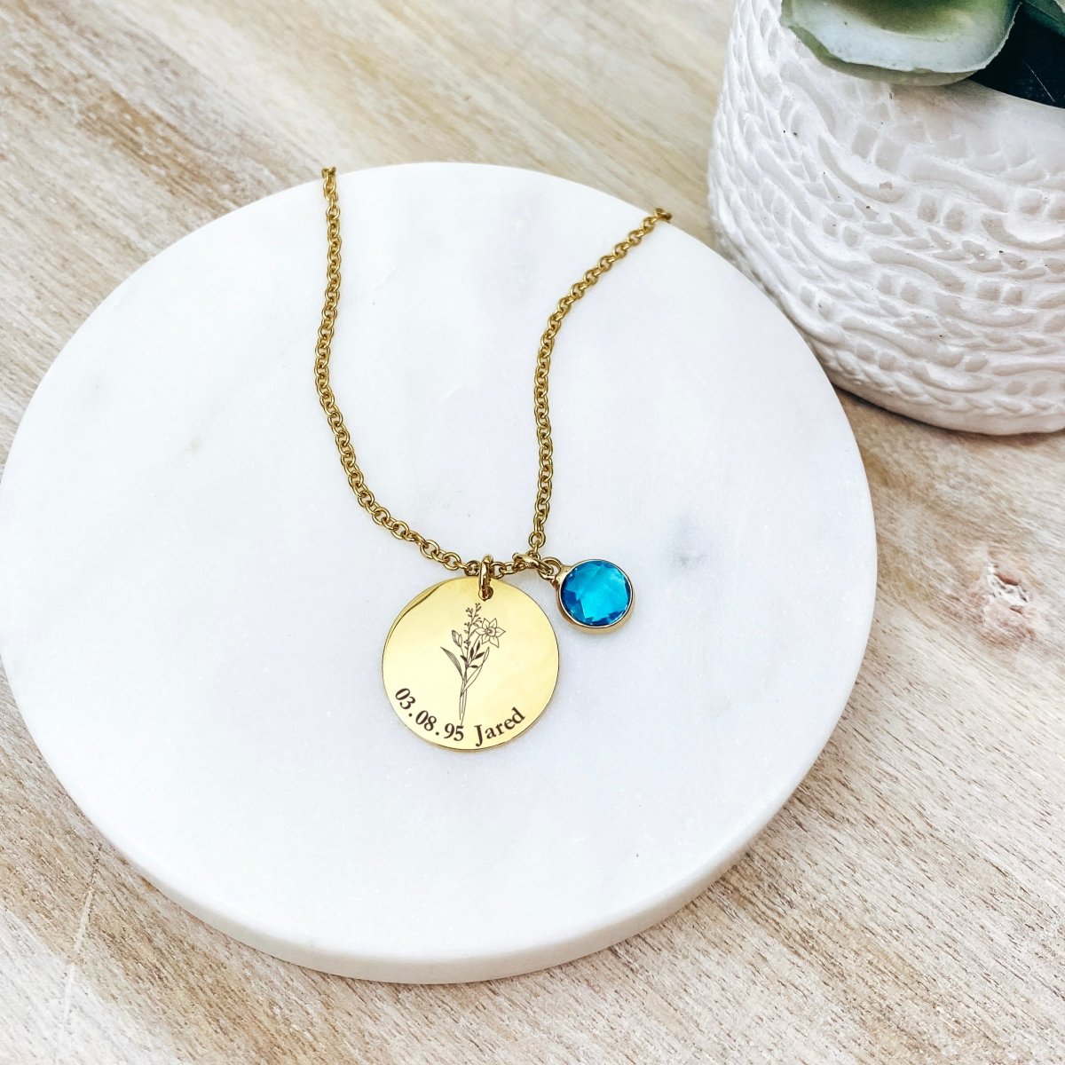 BIRTH FLOWER TEXT BIRTHSTONE NECKLACE - Avy + Tay