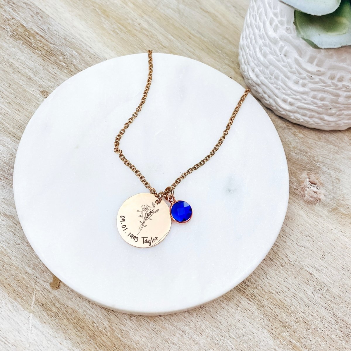 BIRTH FLOWER TEXT BIRTHSTONE NECKLACE - Avy + Tay