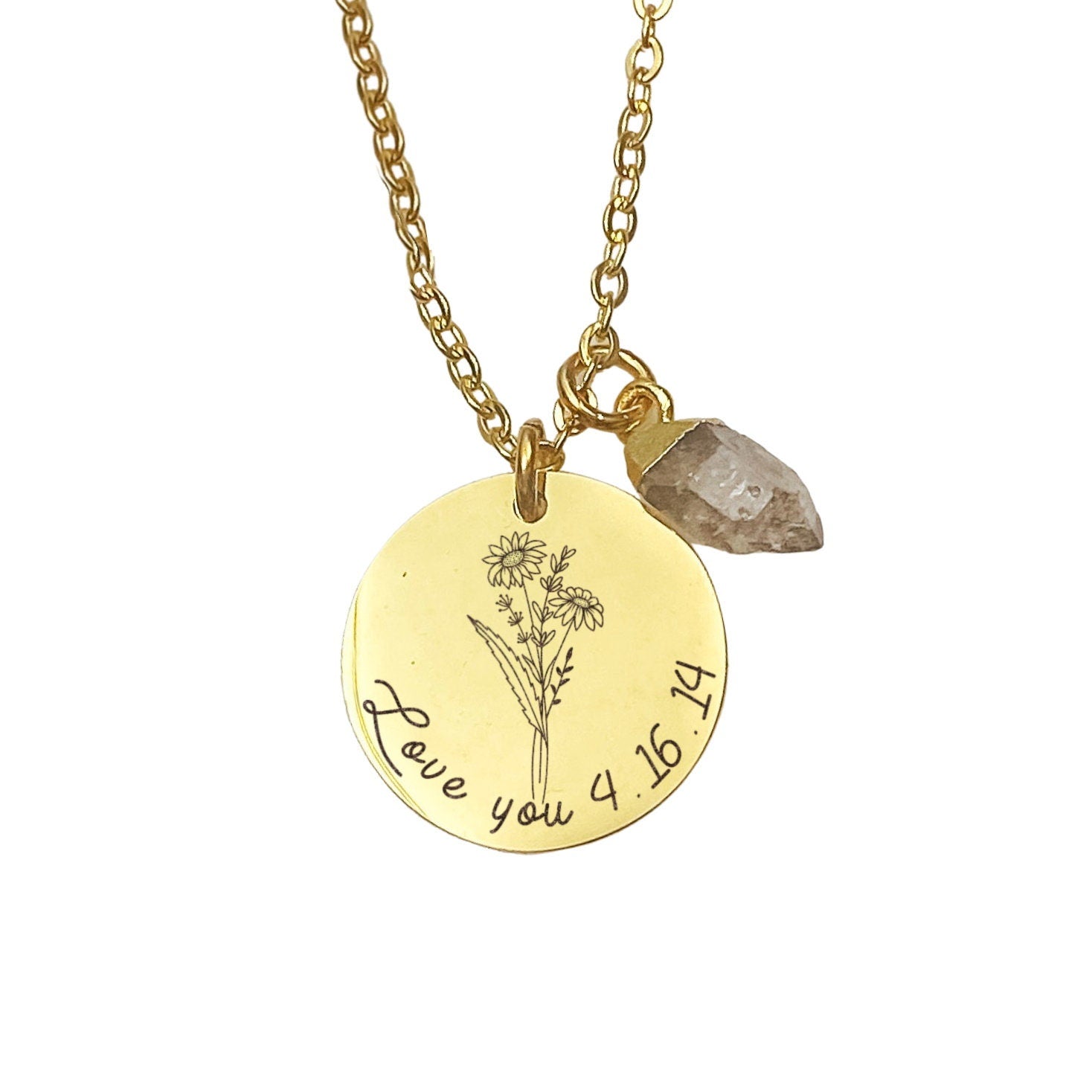 BIRTH FLOWER + TEXT + RAW BIRTHSTONE NECKLACE - Avy + Tay