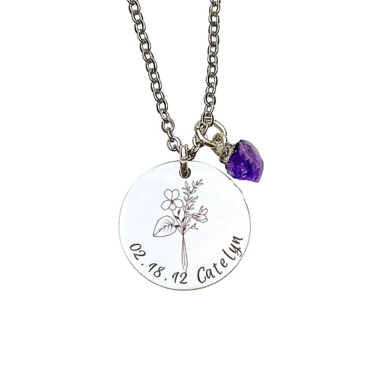 BIRTH FLOWER + TEXT + RAW BIRTHSTONE NECKLACE - Avy + Tay