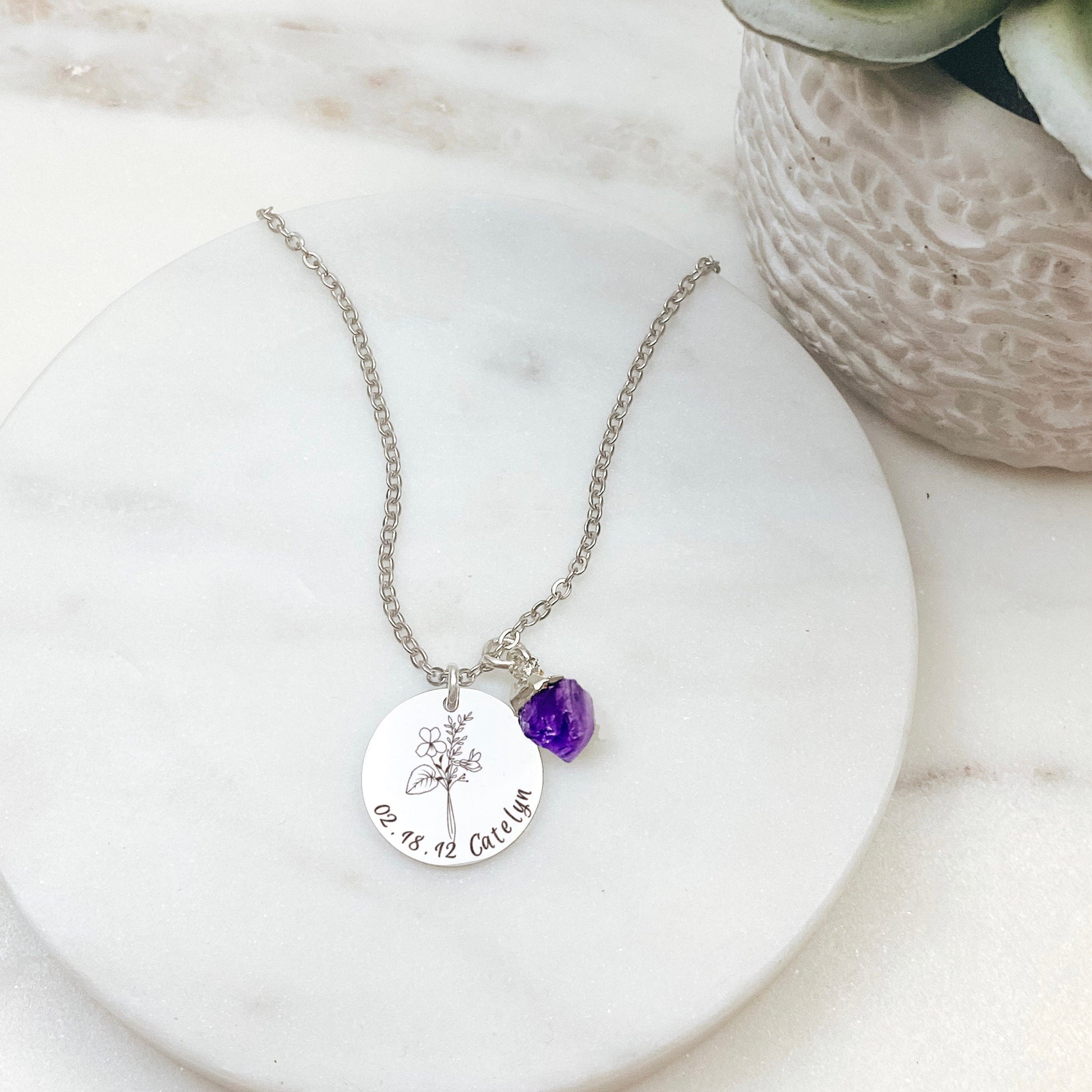 BIRTH FLOWER + TEXT + RAW BIRTHSTONE NECKLACE - Avy + Tay