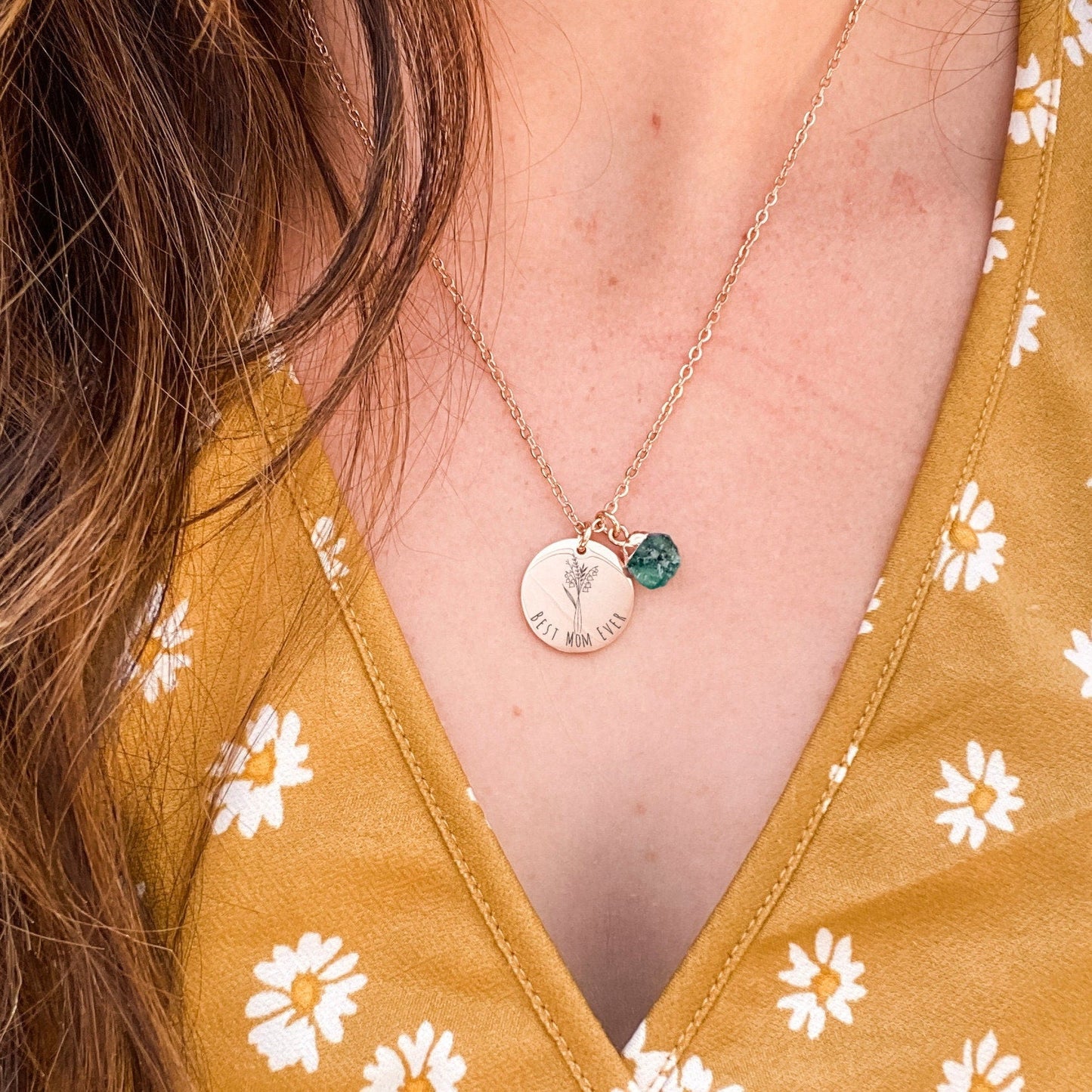 BIRTH FLOWER + TEXT + RAW BIRTHSTONE NECKLACE - Avy + Tay