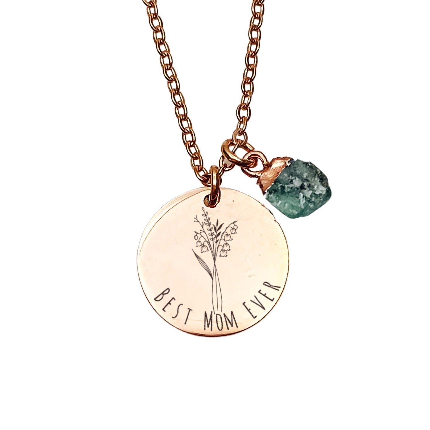 BIRTH FLOWER + TEXT + RAW BIRTHSTONE NECKLACE - Avy + Tay