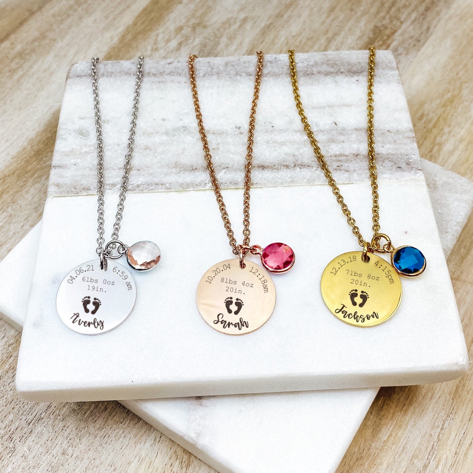 BIRTH STATS + BIRTHSTONE NECKLACE - Avy + Tay