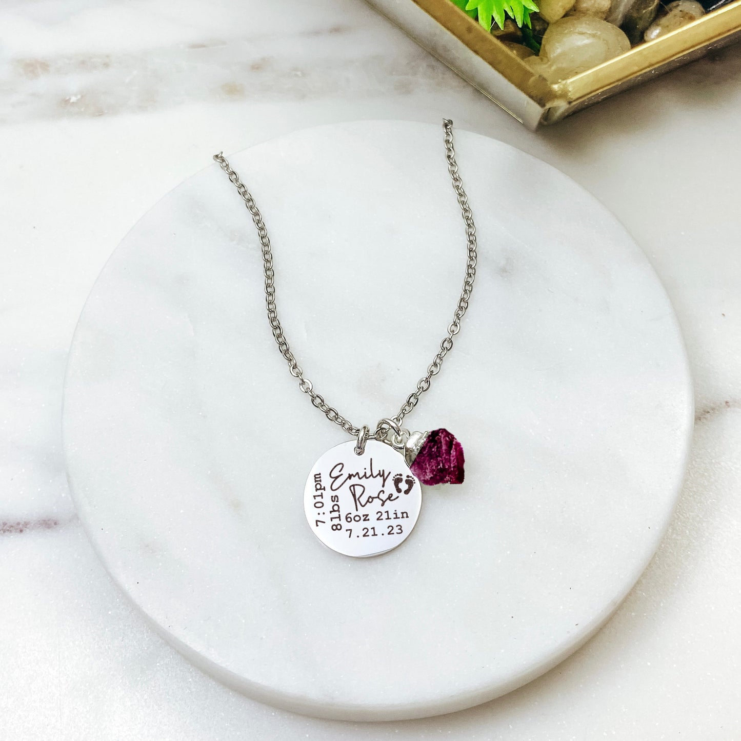 BIRTH STATS + RAW BIRTHSTONE NECKLACE - Avy + Tay