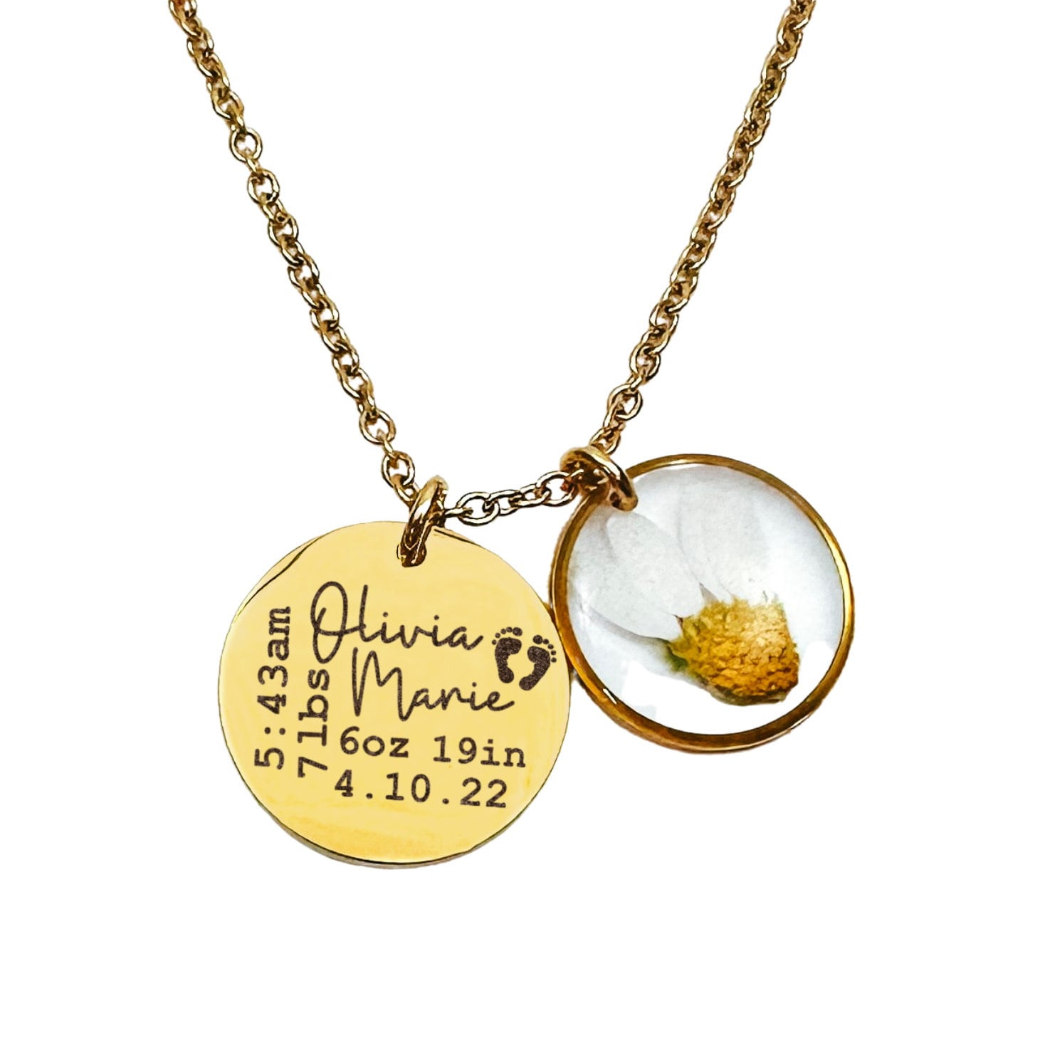 BIRTH STATS + REAL BIRTH FLOWER NECKLACE - Avy + Tay