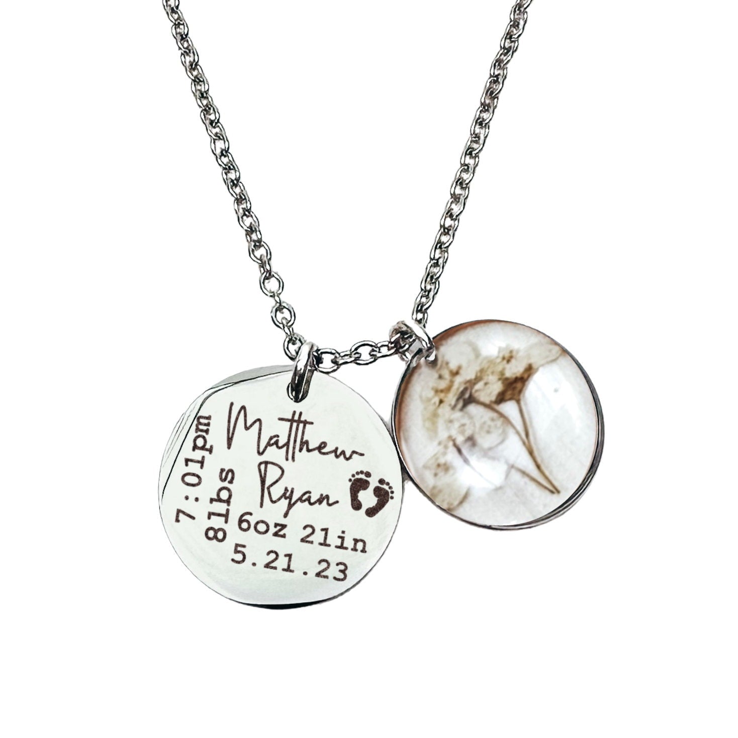 BIRTH STATS + REAL BIRTH FLOWER NECKLACE - Avy + Tay