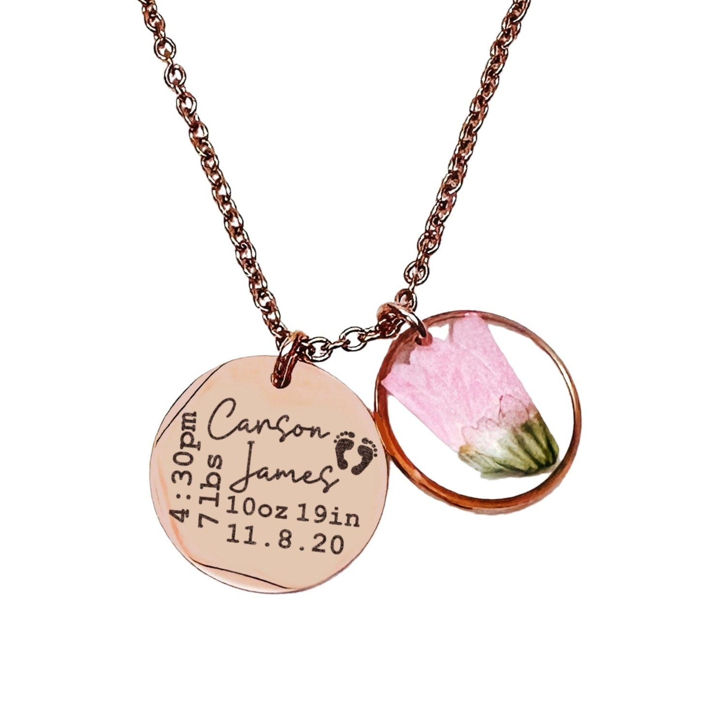 BIRTH STATS + REAL BIRTH FLOWER NECKLACE - Avy + Tay