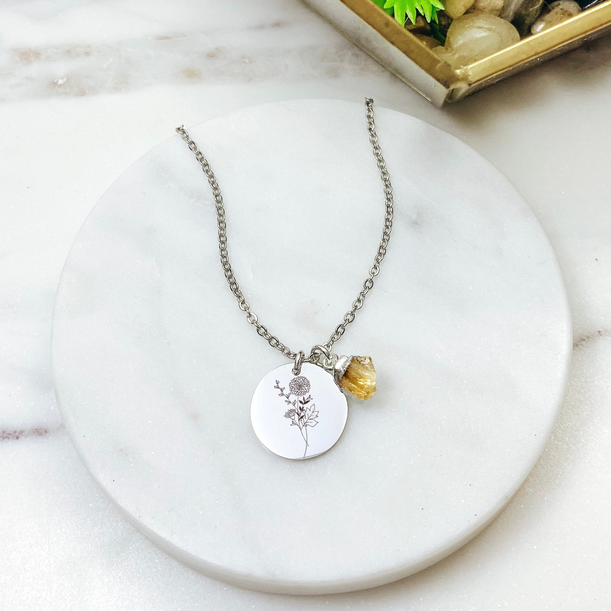 BIRTHFLOWER + RAW BIRTHSTONE NECKLACE - Avy + Tay