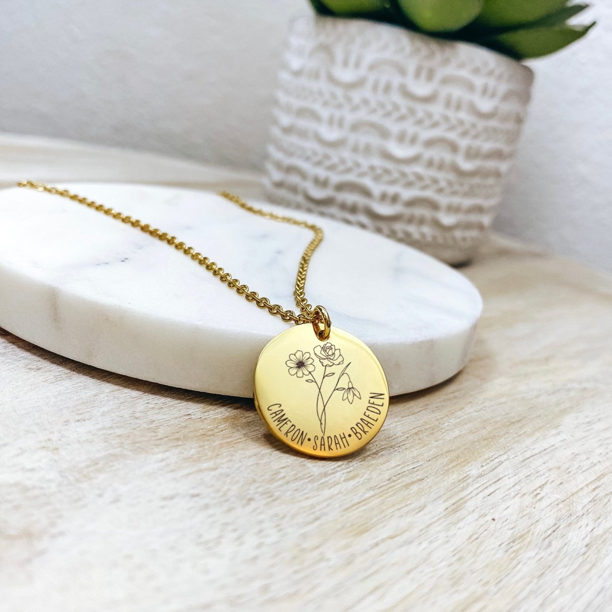 COMBINED BIRTH FLOWER TEXT NECKLACE - Avy + Tay