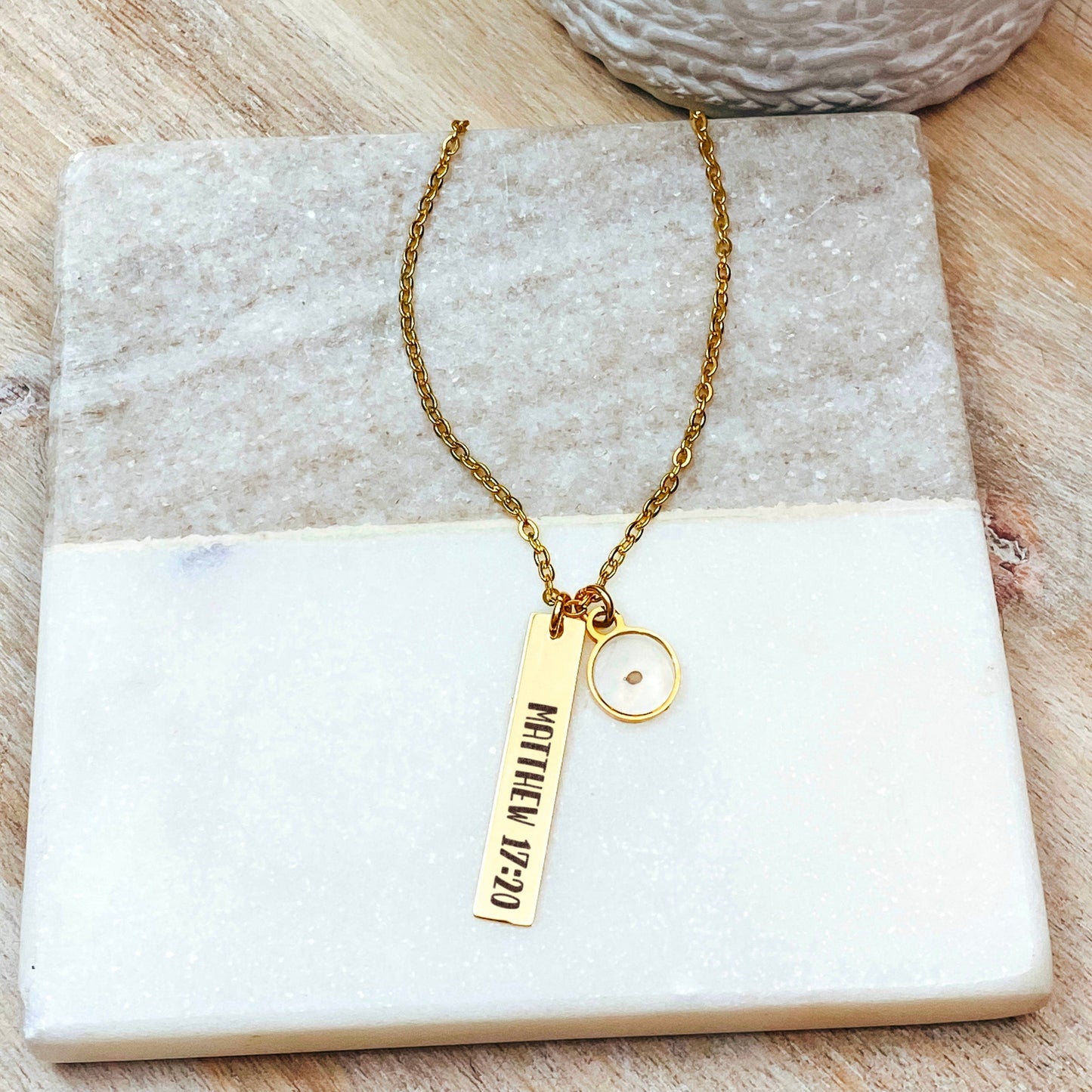 CUSTOM BIBLE VERSE + MUSTARD SEED BAR NECKLACE - Avy + Tay