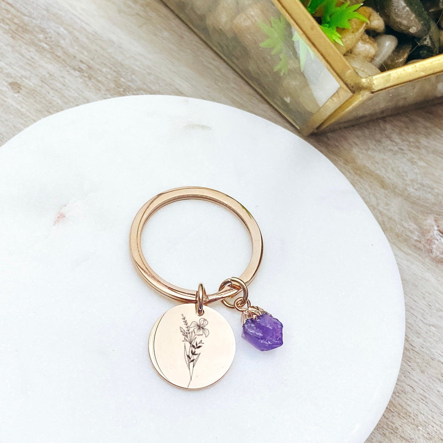 Custom Birth Flower Keychain 14k Gold Plated Stainless Steel Natural Raw Birthstone Keychain Handmade Jewelry Made in USA - Avy + Tay