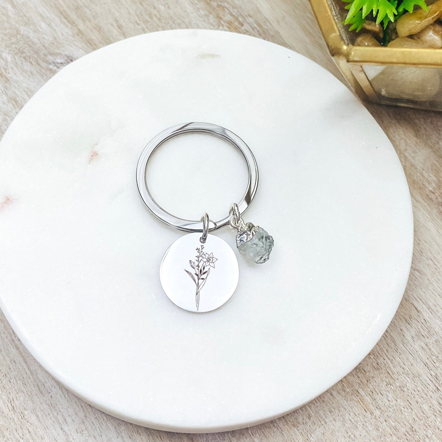 Custom Birth Flower Keychain 14k Gold Plated Stainless Steel Natural Raw Birthstone Keychain Handmade Jewelry Made in USA - Avy + Tay