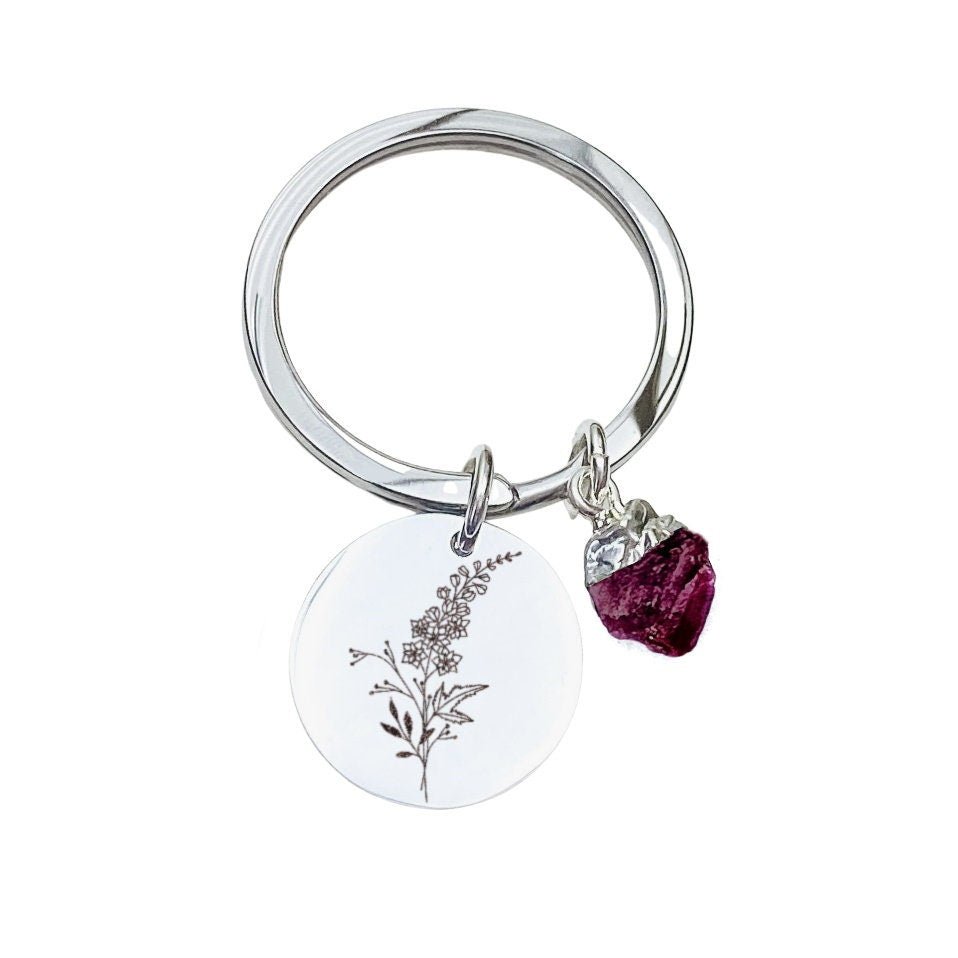 Custom Birth Flower Keychain 14k Gold Plated Stainless Steel Natural Raw Birthstone Keychain Handmade Jewelry Made in USA - Avy + Tay