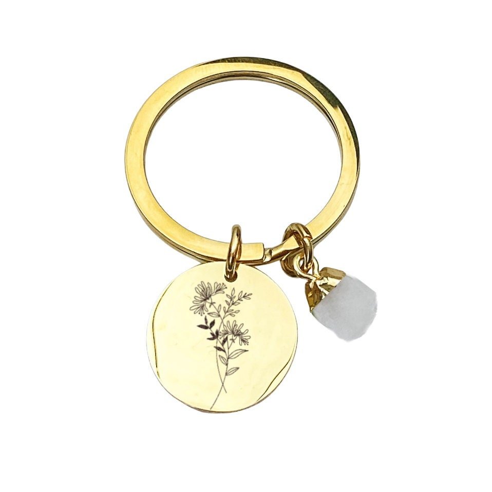 Custom Birth Flower Keychain 14k Gold Plated Stainless Steel Natural Raw Birthstone Keychain Handmade Jewelry Made in USA - Avy + Tay