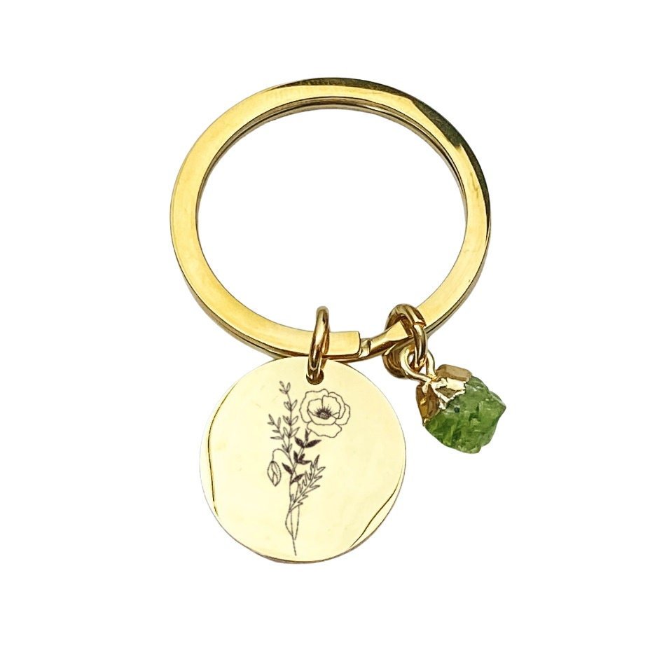 Custom Birth Flower Keychain 14k Gold Plated Stainless Steel Natural Raw Birthstone Keychain Handmade Jewelry Made in USA - Avy + Tay