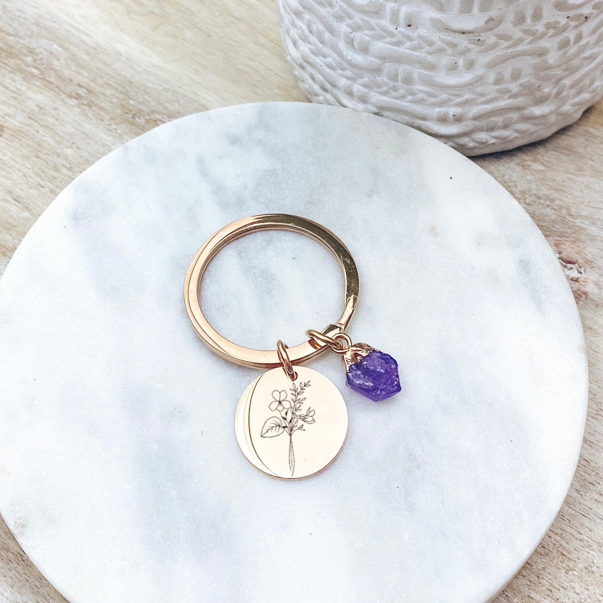 Custom Birth Flower Keychain 14k Gold Plated Stainless Steel Natural Raw Birthstone Keychain Handmade Jewelry Made in USA - Avy + Tay