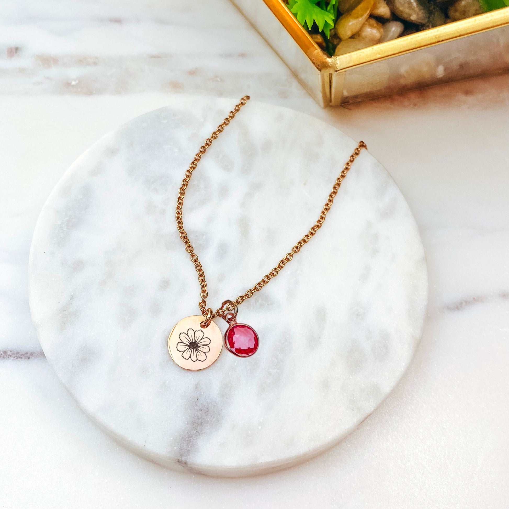 DAINTY BIRTH FLOWER + BIRTHSTONE NECKLACE - Avy + Tay