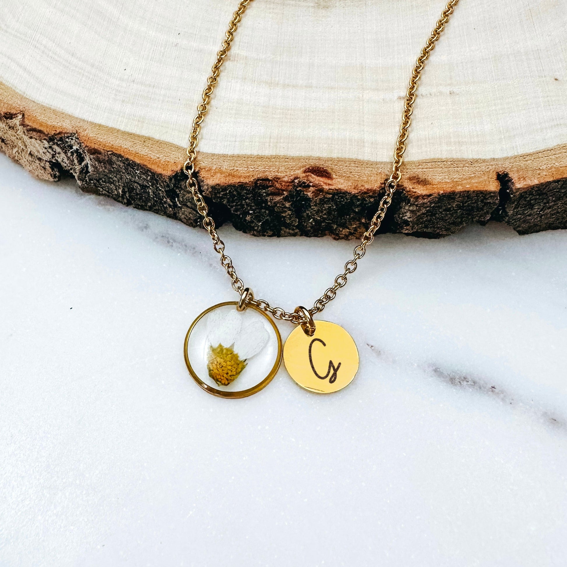 DAINTY INITIAL + REAL BIRTH FLOWER NECKLACE - Avy + Tay