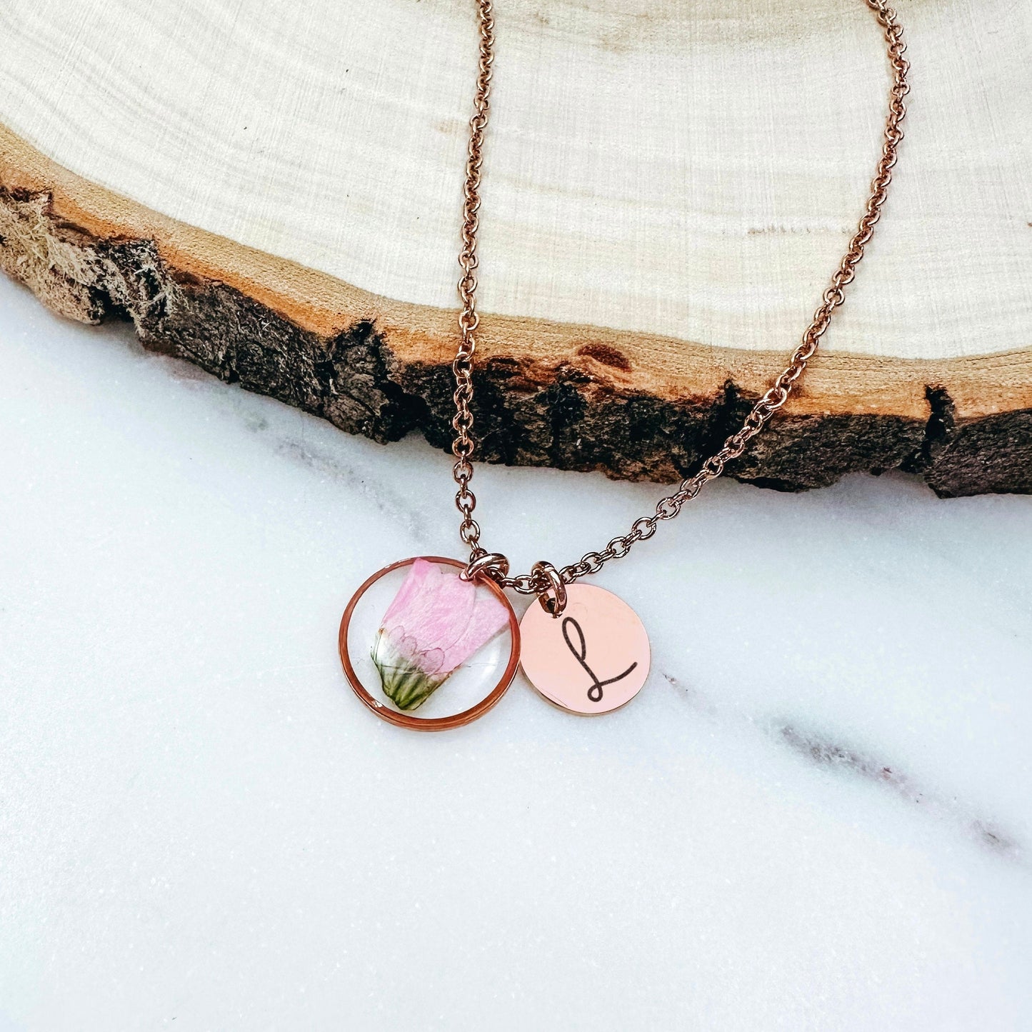 DAINTY INITIAL + REAL BIRTH FLOWER NECKLACE - Avy + Tay