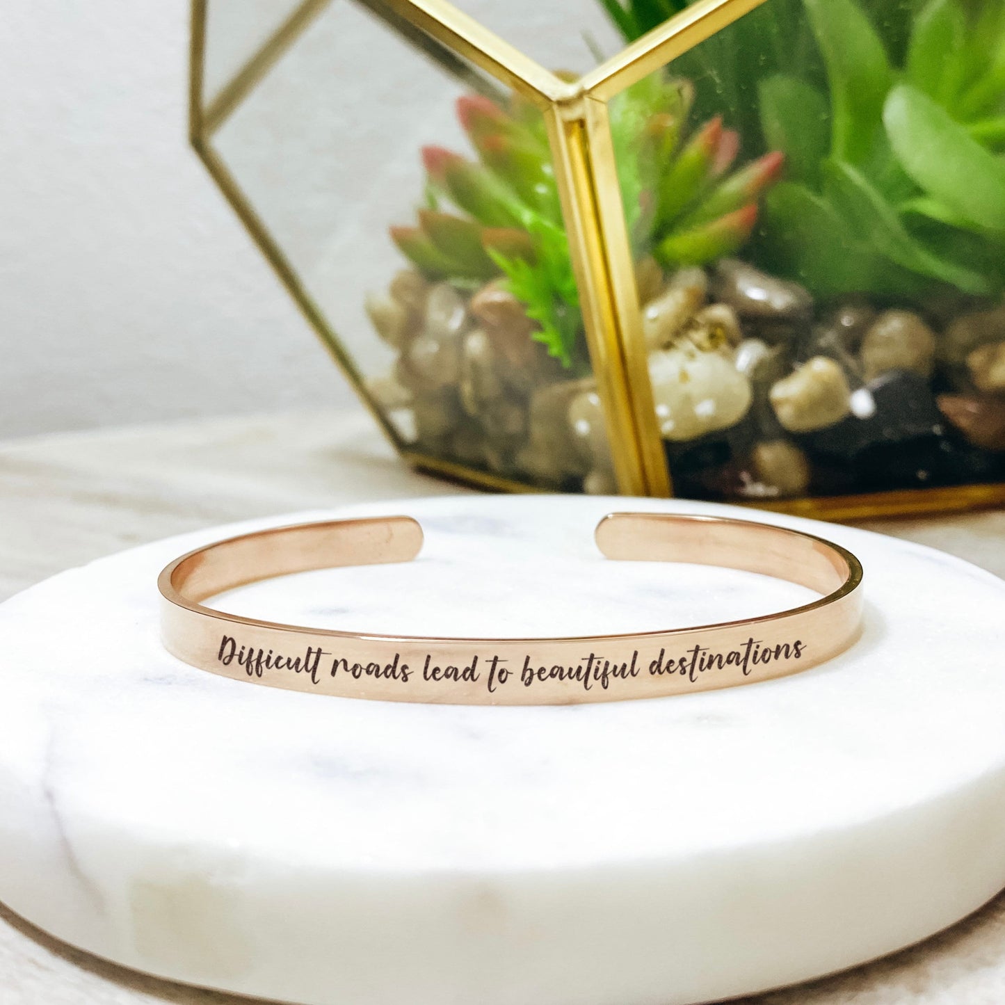 Difficult Roads Lead To Beautiful Cuff Bracelet 14k Gold Plated Stainless Steel Inspirational Bracelet Handmade Jewelry Made in USA - Avy + Tay