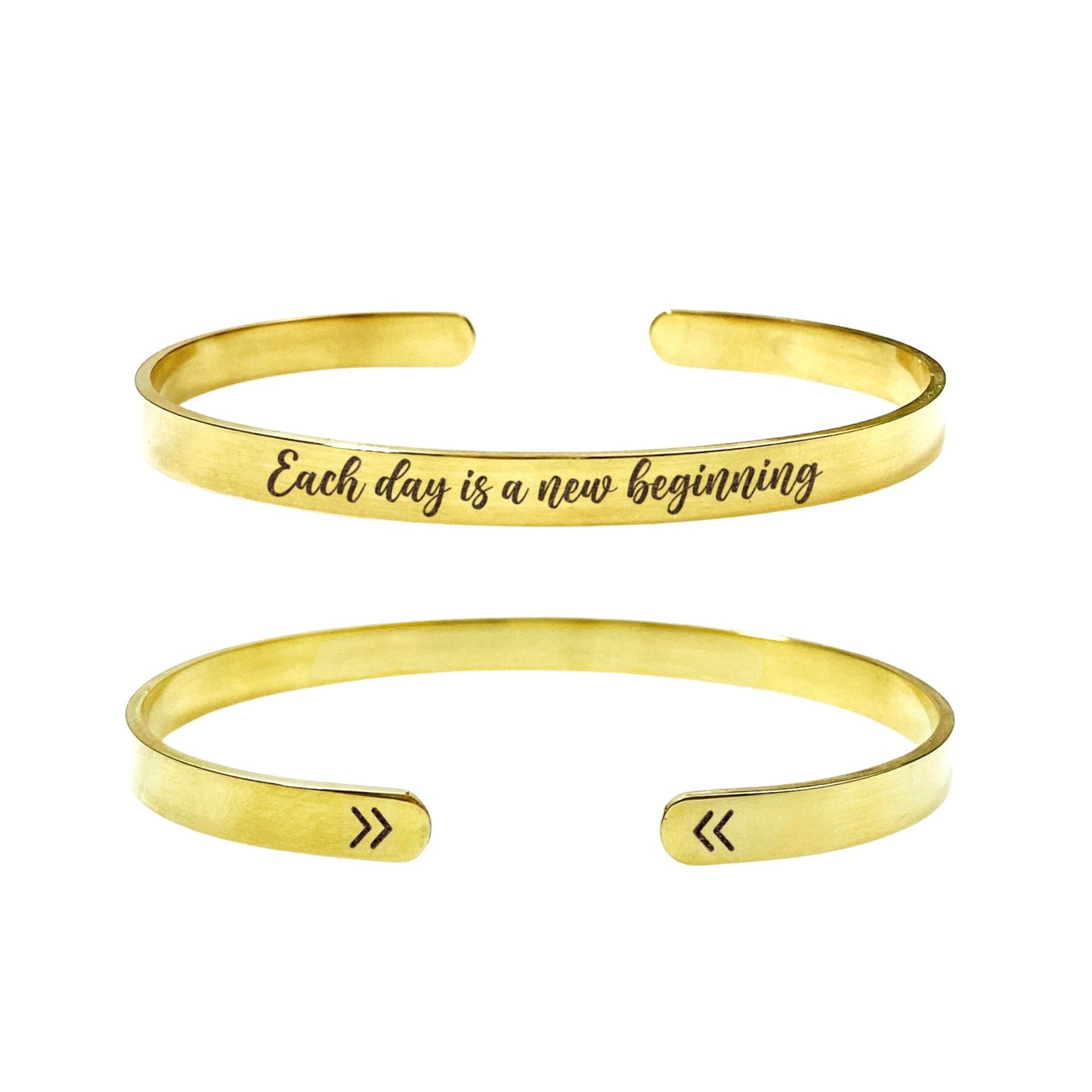 Each Day Is A New Beginning Cuff Bracelet 14k Gold Plated Stainless Steel Inspirational Bracelet Handmade Jewelry Made in USA - Avy + Tay