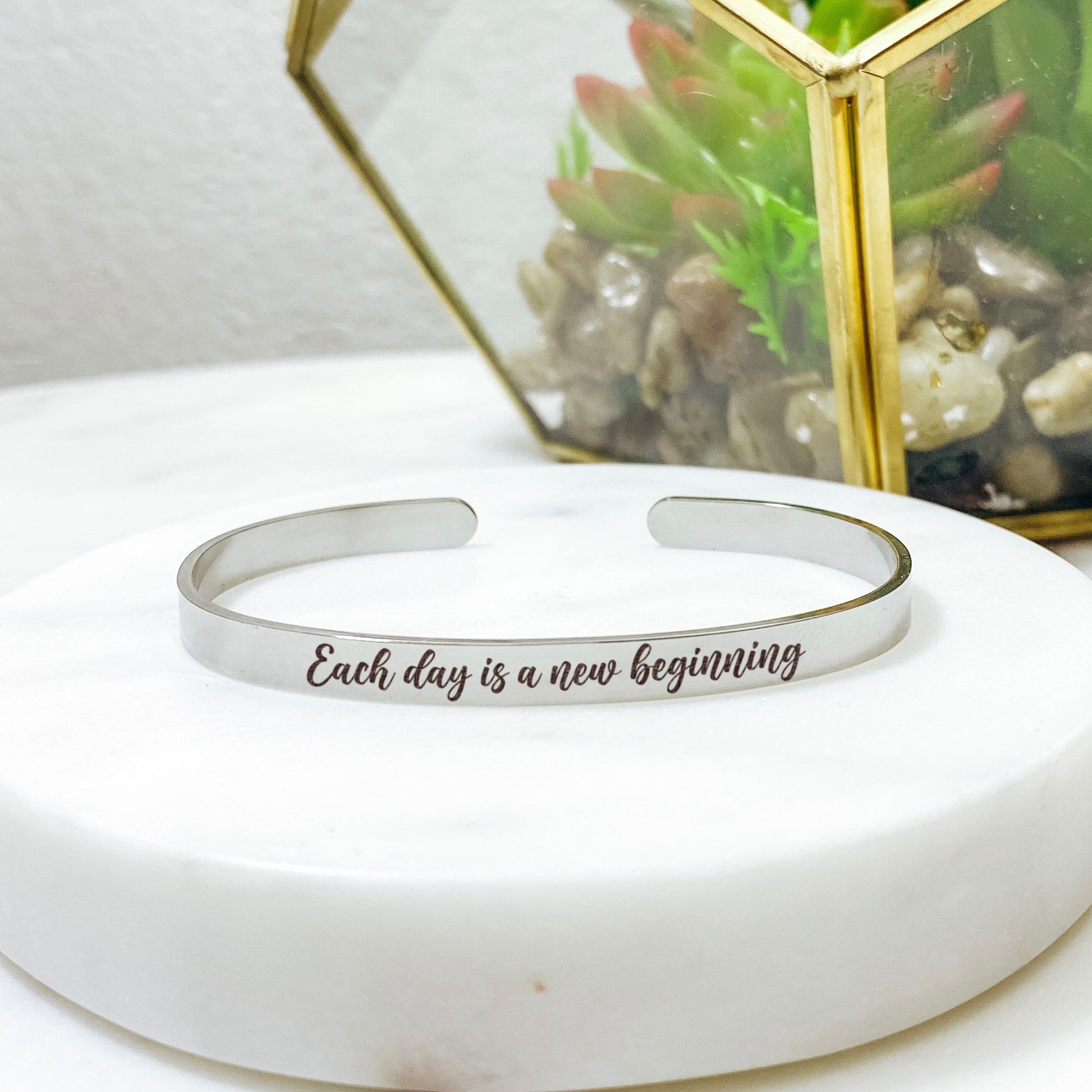 Each Day Is A New Beginning Cuff Bracelet 14k Gold Plated Stainless Steel Inspirational Bracelet Handmade Jewelry Made in USA - Avy + Tay