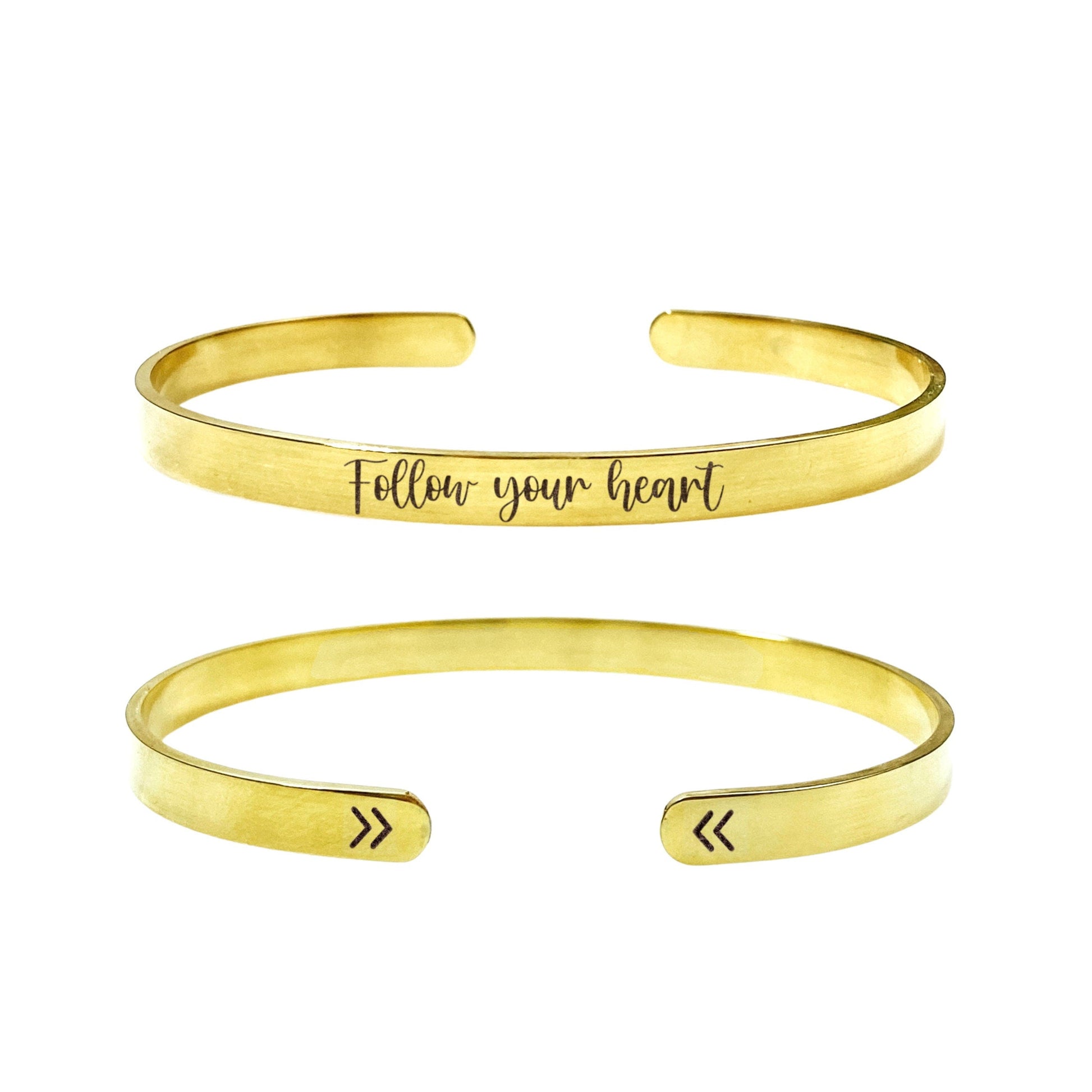 Follow Your Heart Cuff Bracelet 14k Gold Plated Stainless Steel Inspirational Bracelet Handmade Jewelry Made in USA - Avy + Tay