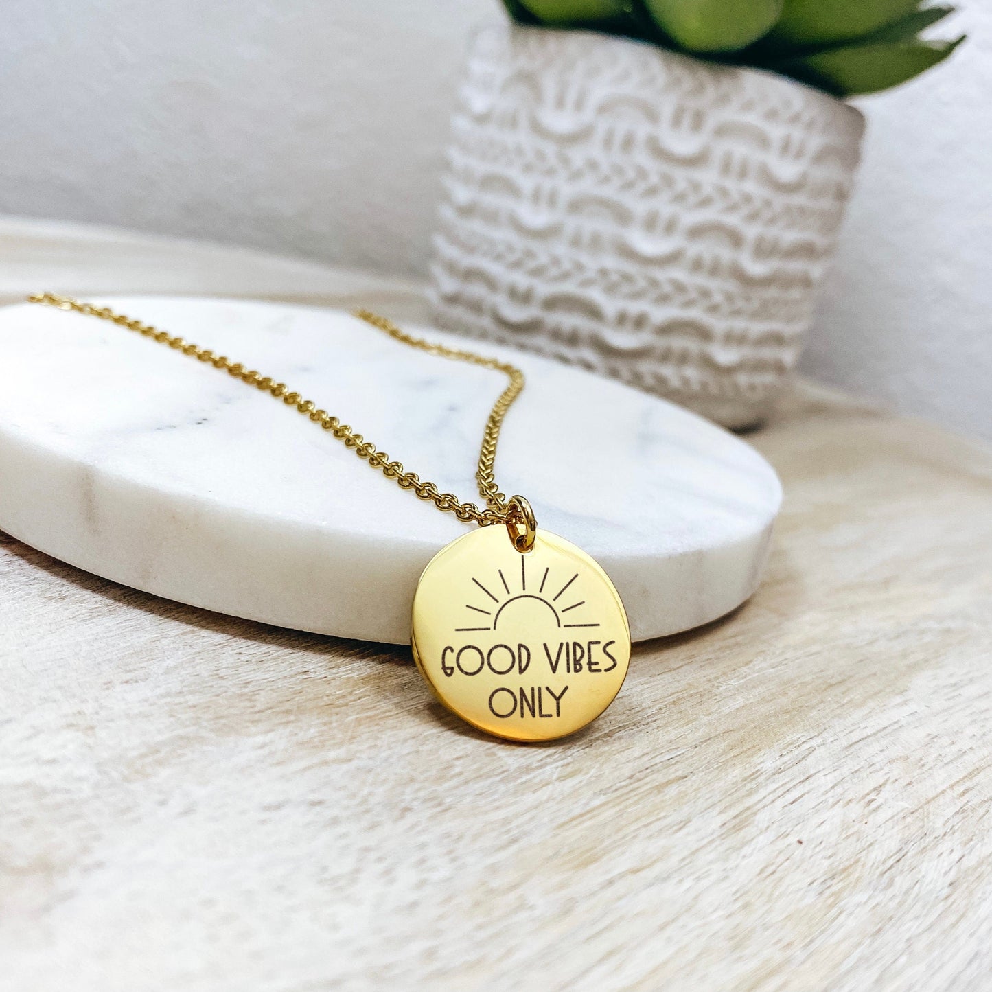 Good Vibes Only Necklace 14k Gold Plated Stainless Steel Inspirational Necklace Handmade Jewelry Made in USA - Avy + Tay