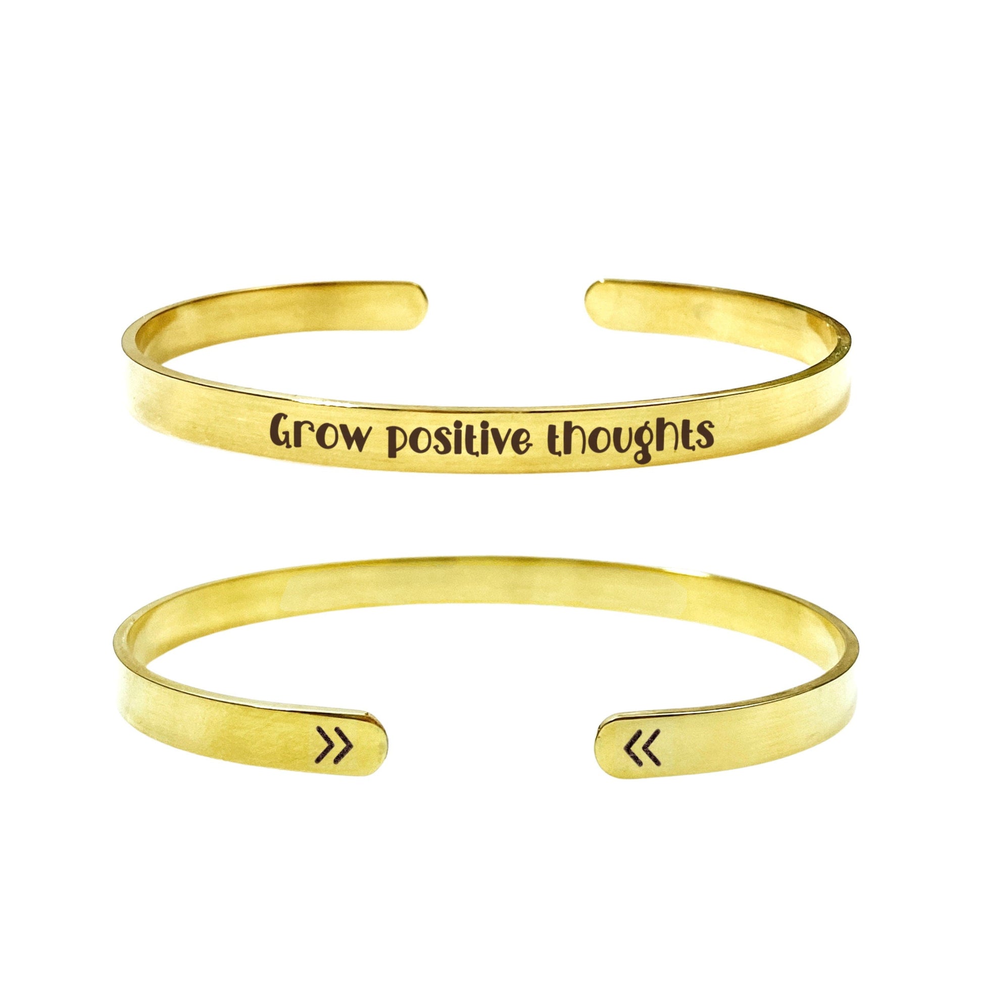 Grow Positive Thoughts Cuff Bracelet 14k Gold Plated Stainless Steel Inspirational Bracelet Handmade Jewelry Made in USA - Avy + Tay