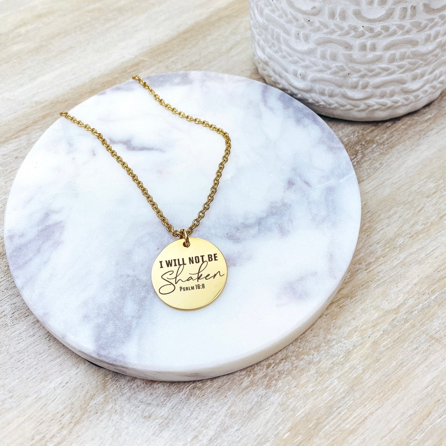 I WILL NOT BE SHAKEN PSALM 16:8 NECKLACE - Avy + Tay