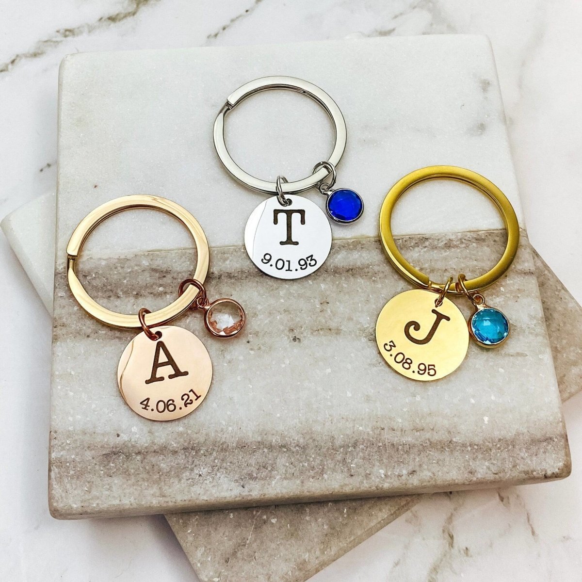 INITIAL DATE BIRTHSTONE KEYCHAIN - Avy + Tay