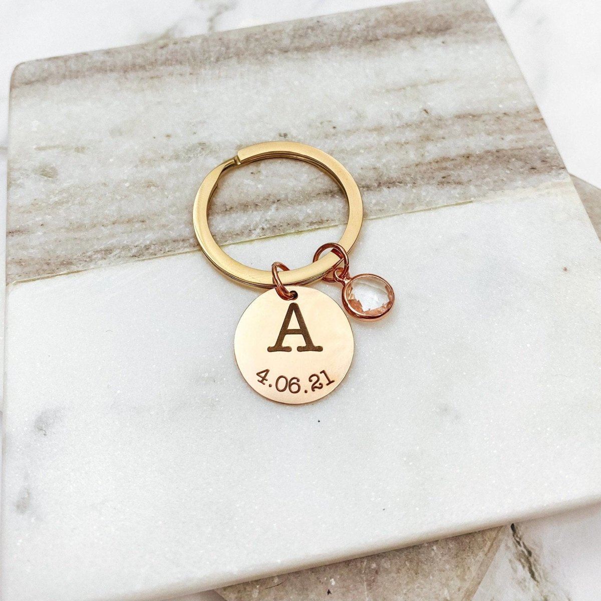 INITIAL DATE BIRTHSTONE KEYCHAIN - Avy + Tay