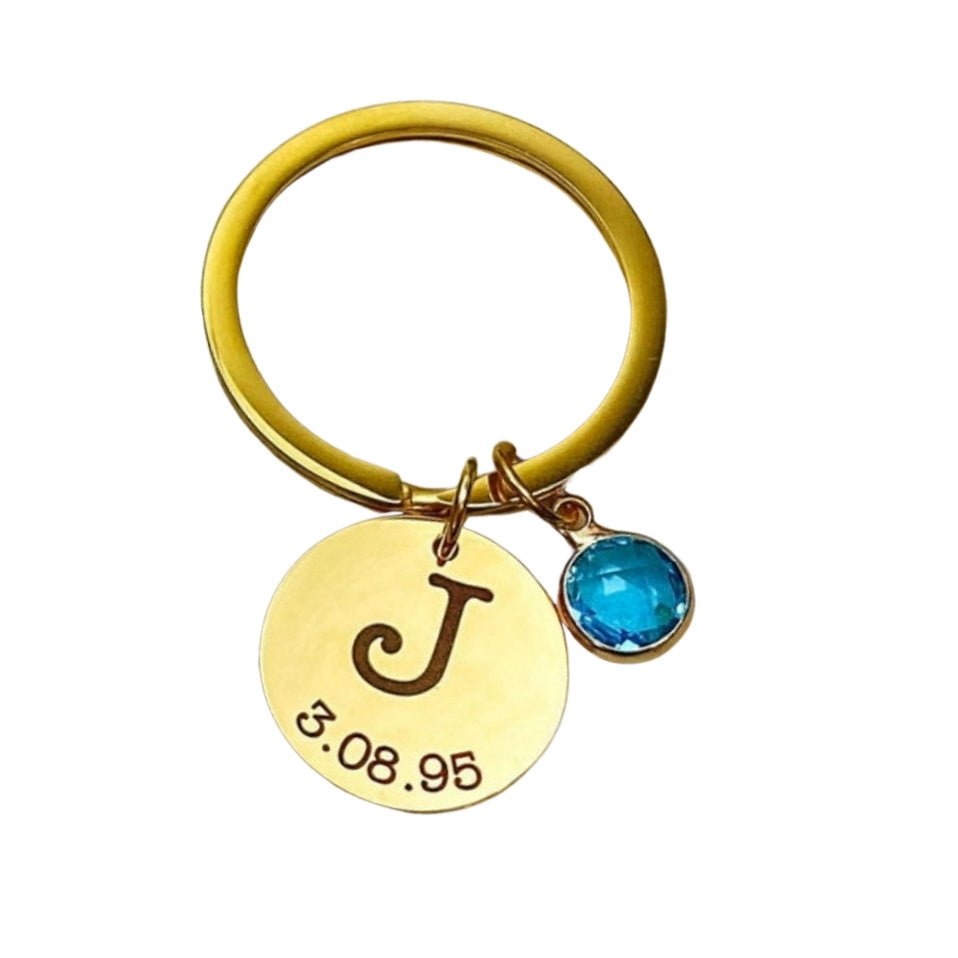 INITIAL DATE BIRTHSTONE KEYCHAIN - Avy + Tay