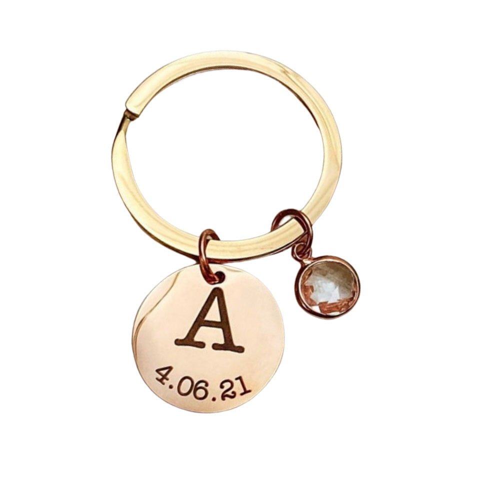 INITIAL DATE BIRTHSTONE KEYCHAIN - Avy + Tay