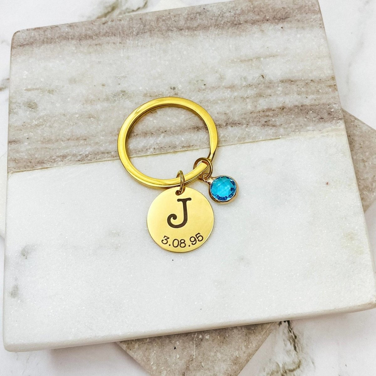 INITIAL DATE BIRTHSTONE KEYCHAIN - Avy + Tay