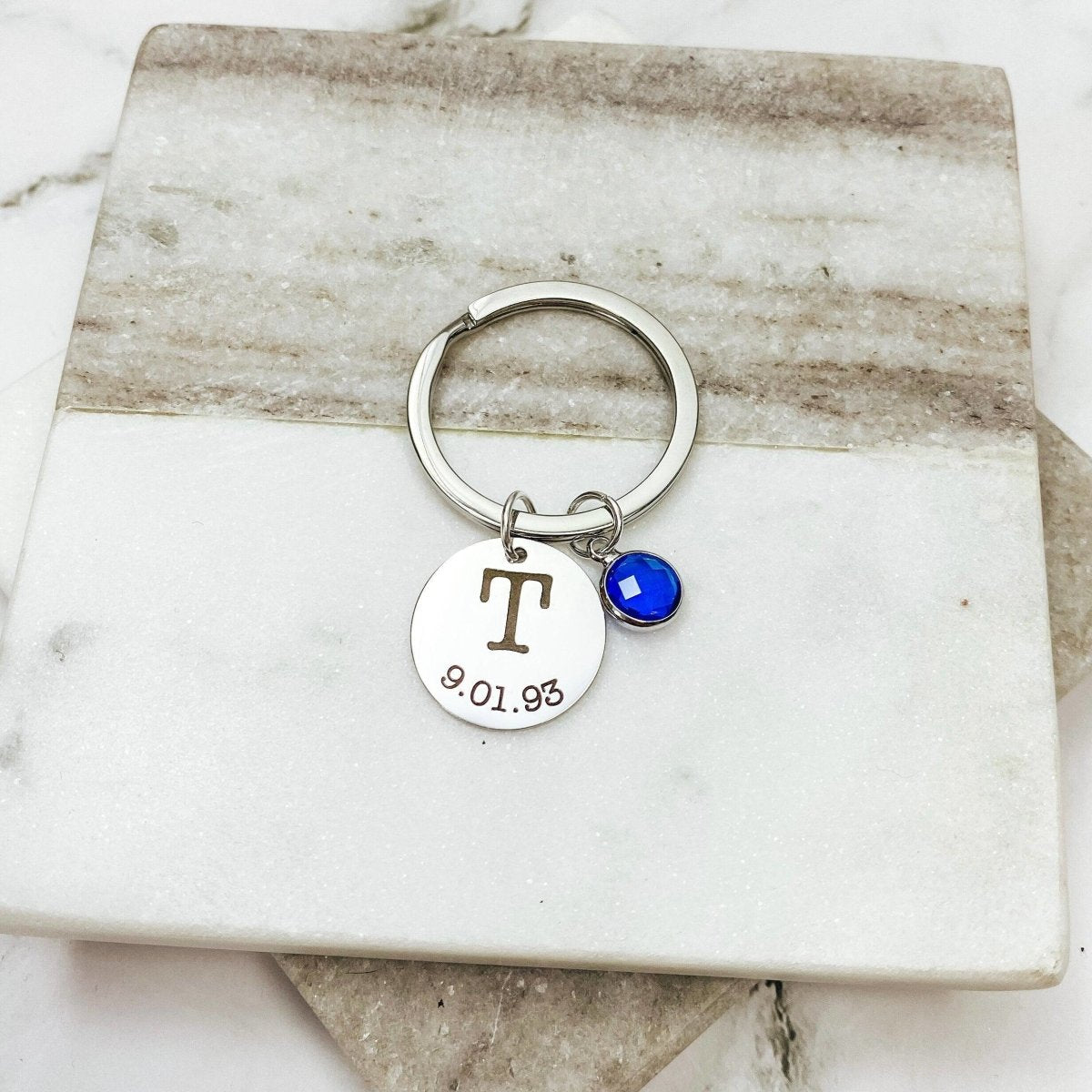 INITIAL DATE BIRTHSTONE KEYCHAIN - Avy + Tay