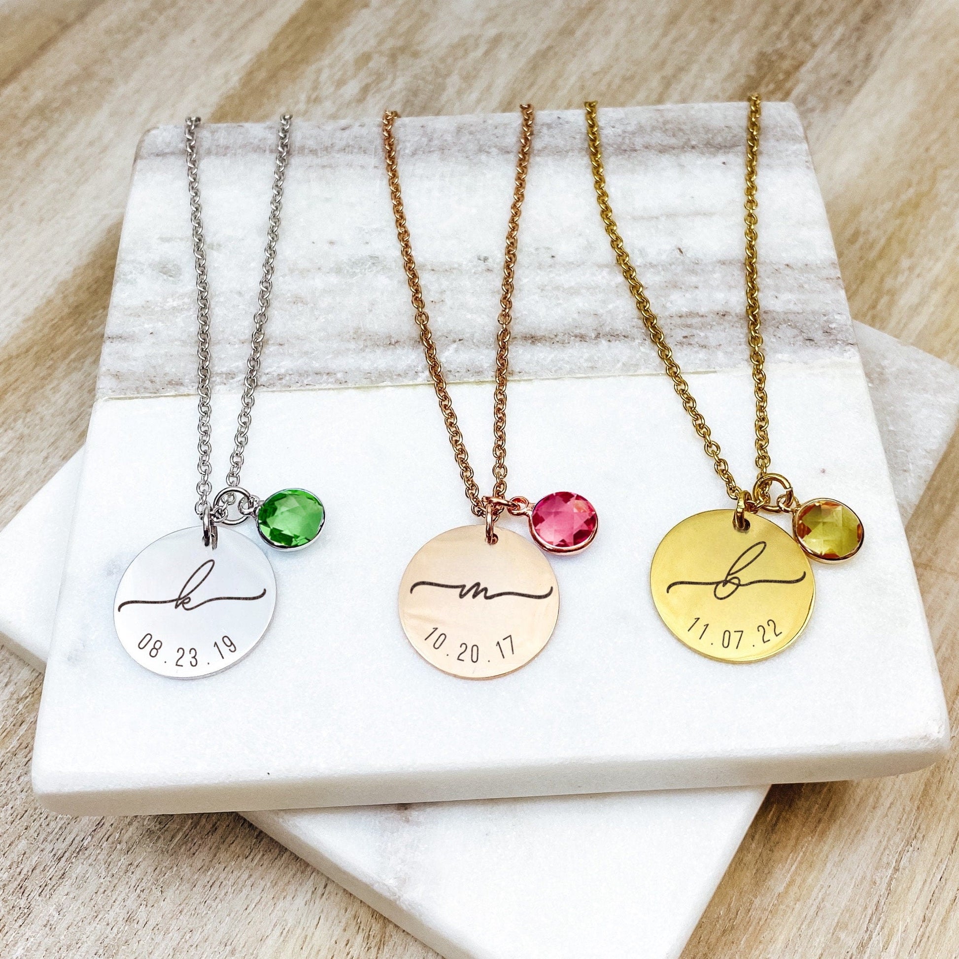 INITIAL DATE + BIRTHSTONE NECKLACE - Avy + Tay