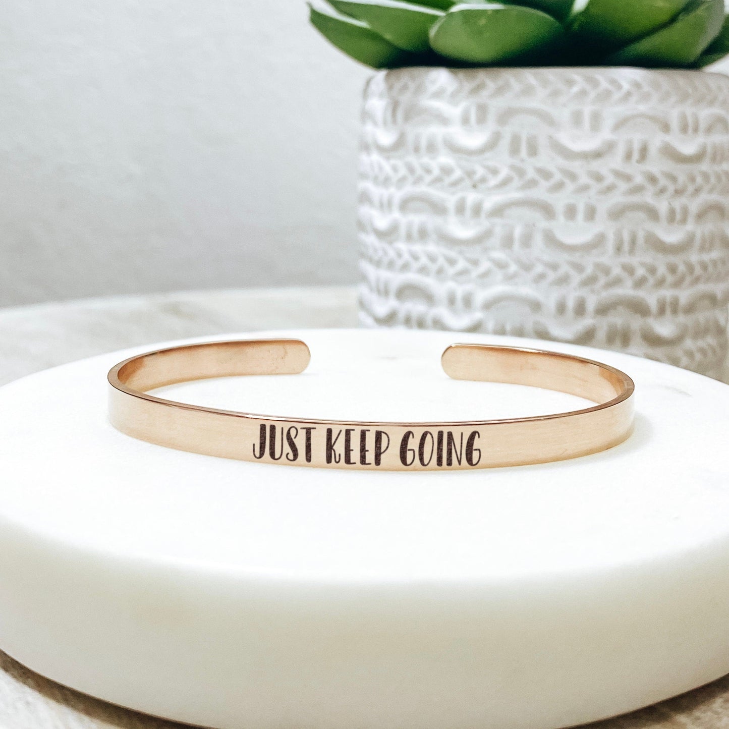 Just Keep Going Cuff Bracelet 14k Gold Plated Stainless Steel Inspirational Bracelet Handmade Jewelry Made in USA - Avy + Tay