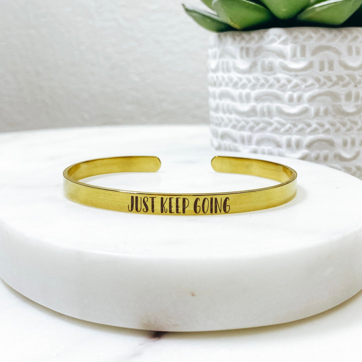 Just Keep Going Cuff Bracelet 14k Gold Plated Stainless Steel Inspirational Bracelet Handmade Jewelry Made in USA - Avy + Tay